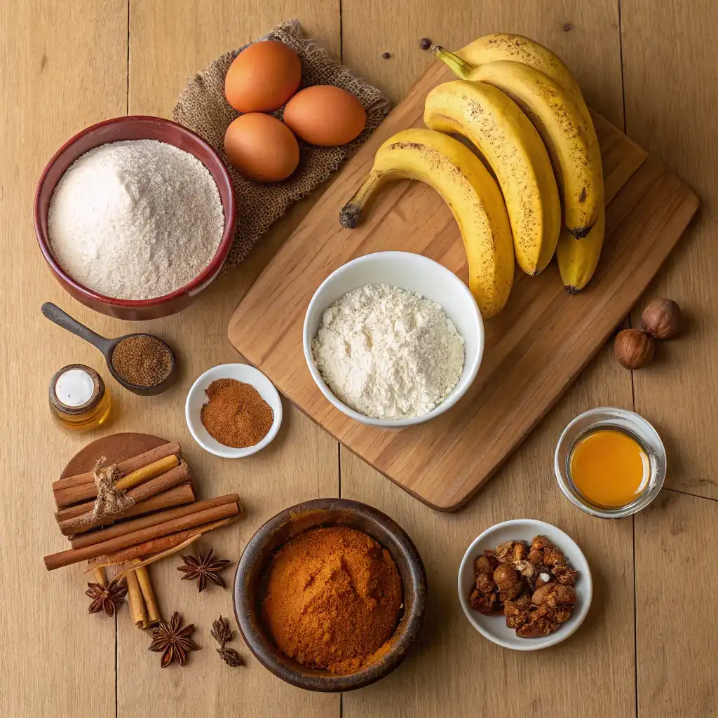 Pumpkin Banana Loaf 6 Pumpkin banana loaf ingredients laid out on a wooden surface, including bananas, eggs, flour, spices, oil, and nuts