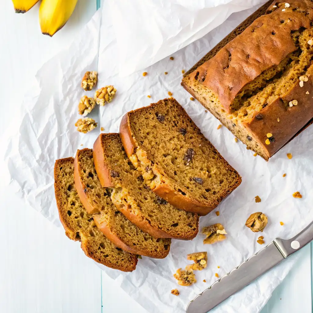 Sliced pumpkin banana loaf on parchment paper with crumbs and a knife nearby