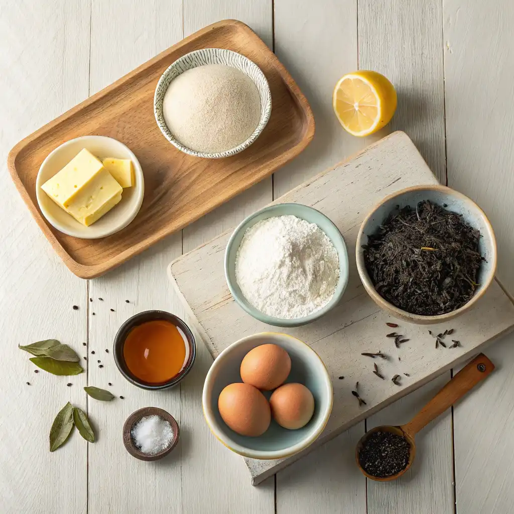 Earl Grey Cookies: A Delicate Treat with a Cozy Twist 6 Overhead view of Earl Grey cookie ingredients including butter, flour, tea leaves, and lemon zest