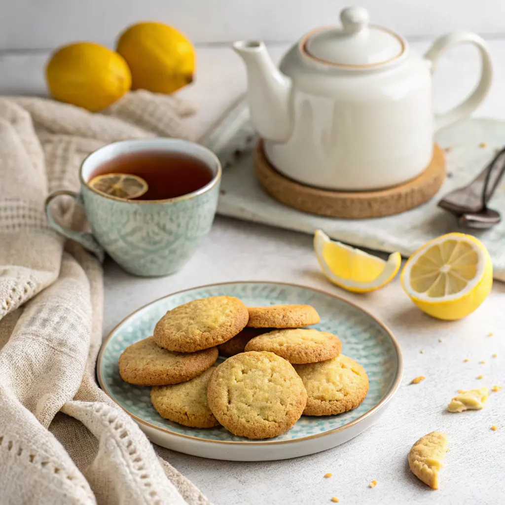 Earl Grey cookies served with a cup of steaming tea and lemon slices on a cozy table