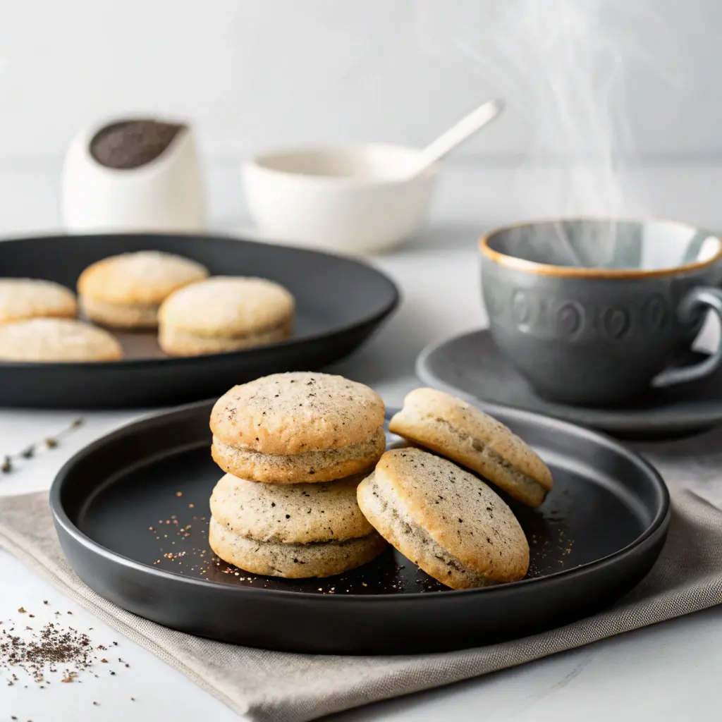 Earl Grey Cookies: A Delicate Treat with a Cozy Twist 7 Earl Grey cookies on a modern ceramic plate with artistic steam and minimal background