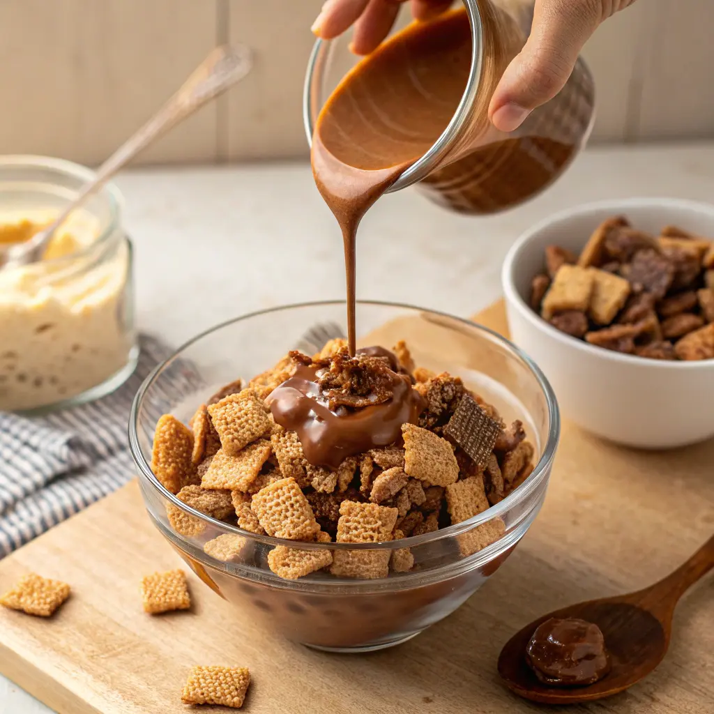 Muddy Buddies – A Sweet Crunchy Treat That Tastes Like Home 6 pouring chocolate peanut butter on Chex for muddy buddies