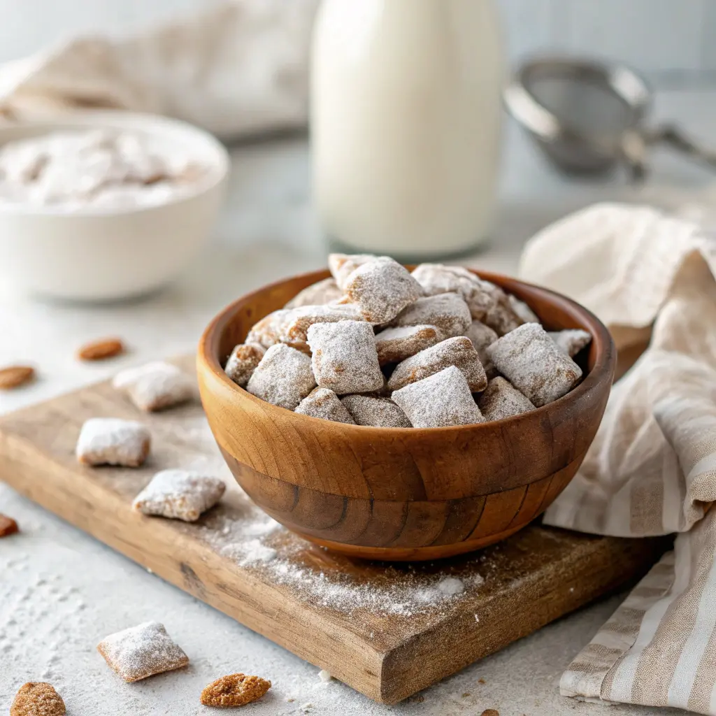 muddy buddies sweet snack in rustic kitchen