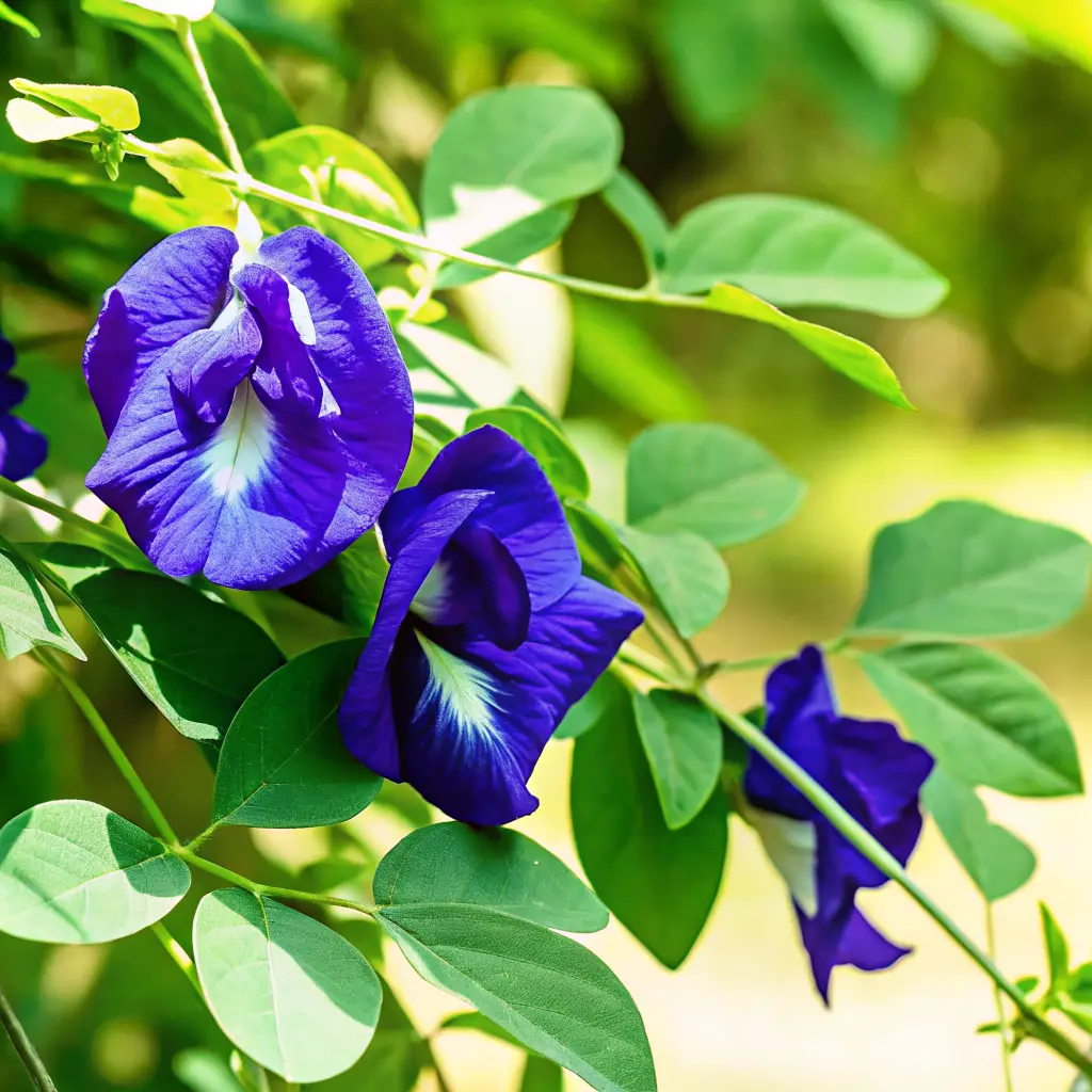 Iced Butterfly Pea Flower Tea Latte 6 Close-up of vibrant butterfly pea flowers blooming on a vine with lush green leaves in natural sunlight.