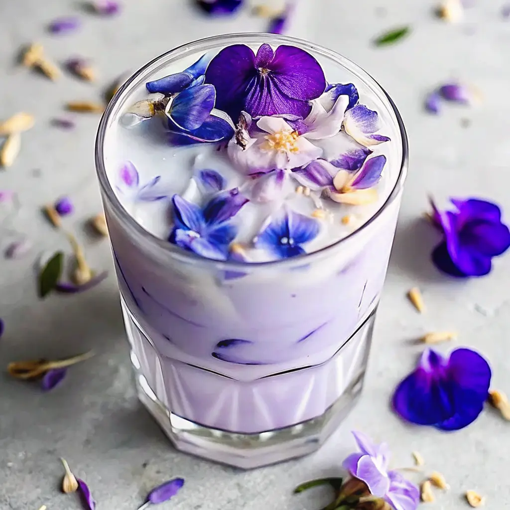 Iced Butterfly Pea Flower Tea Latte 7 Top view of iced butterfly pea flower latte in a glass, decorated with vibrant blue and purple edible flowers.
