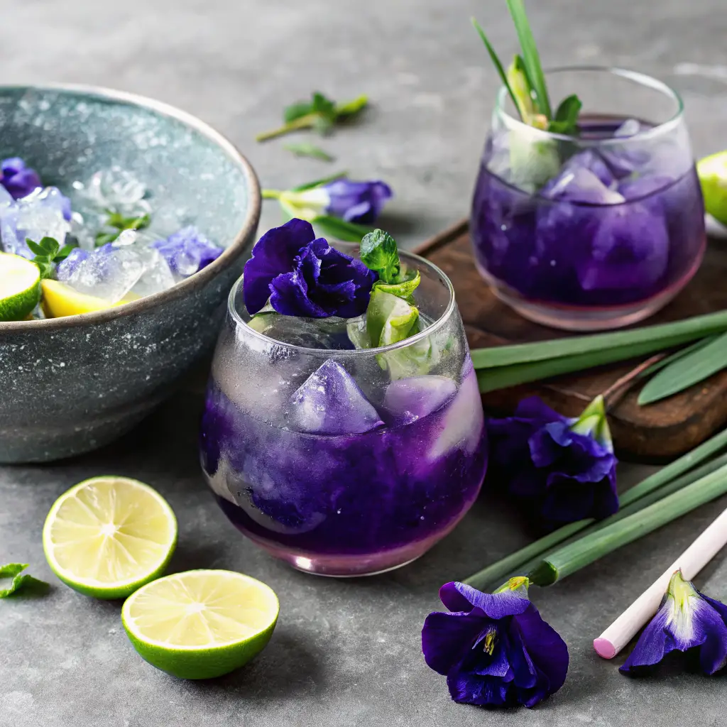 How to Make Butterfly Pea Flower Tea 7 Iced butterfly pea flower tea in glasses with fresh lime, mint, and edible flowers on a gray stone surface.