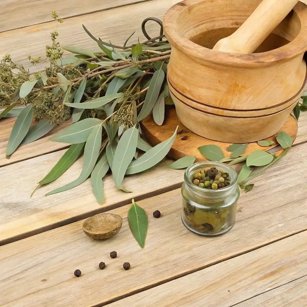 What to Know About Eucalyptus Tea Benefits 5 eucalyptus leaves with mortar and natural herbal ingredients