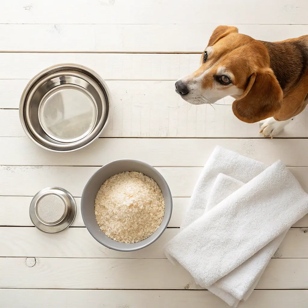 Psyllium Husk for Dogs 2 Beagle looking at a dog bowl containing psyllium husk for dogs on a clean wooden floor.