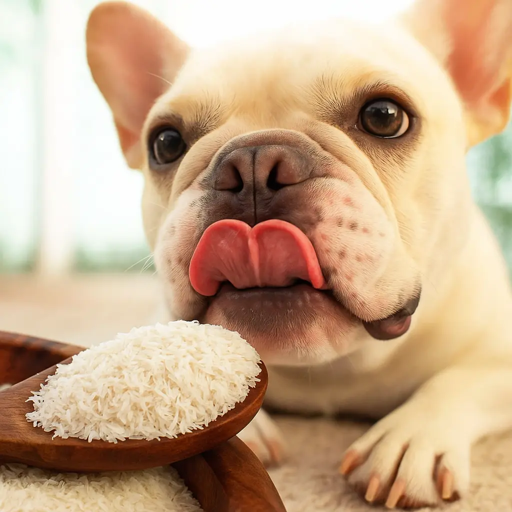 French Bulldog licking its lips next to psyllium husk for dogs in a wooden spoon.