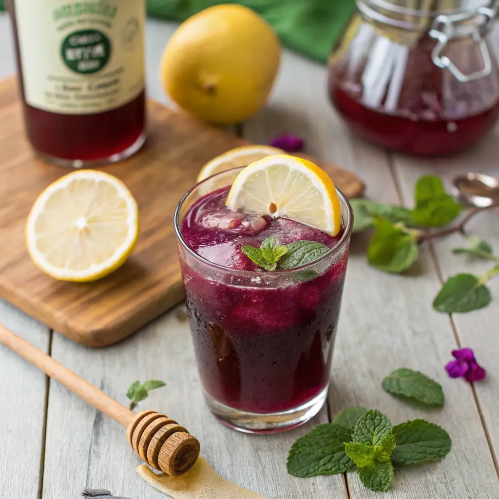 Brazilian Mounjaro Ingredients - The Natural Drink People 2 Brazilian Mounjaro drink ingredients with lemon, butterfly pea tea, honey, and apple cider vinegar