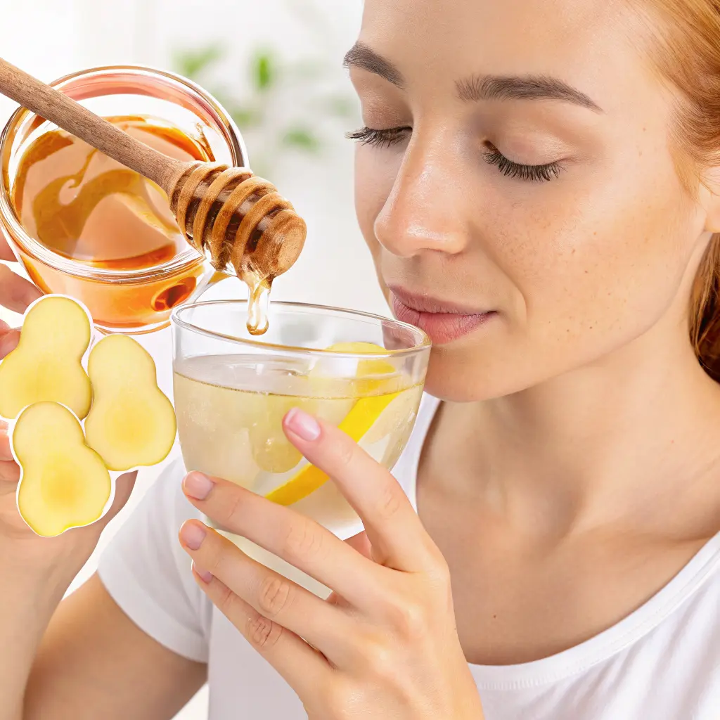 mounjaro drink hacks woman drinking lemon ginger honey tonic for gut health