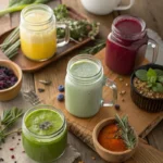 Assorted drinks to weight loss displayed in rustic mason jars on a wooden table, featuring green smoothies, herbal teas, and fruit-based beverages with fresh herbs.