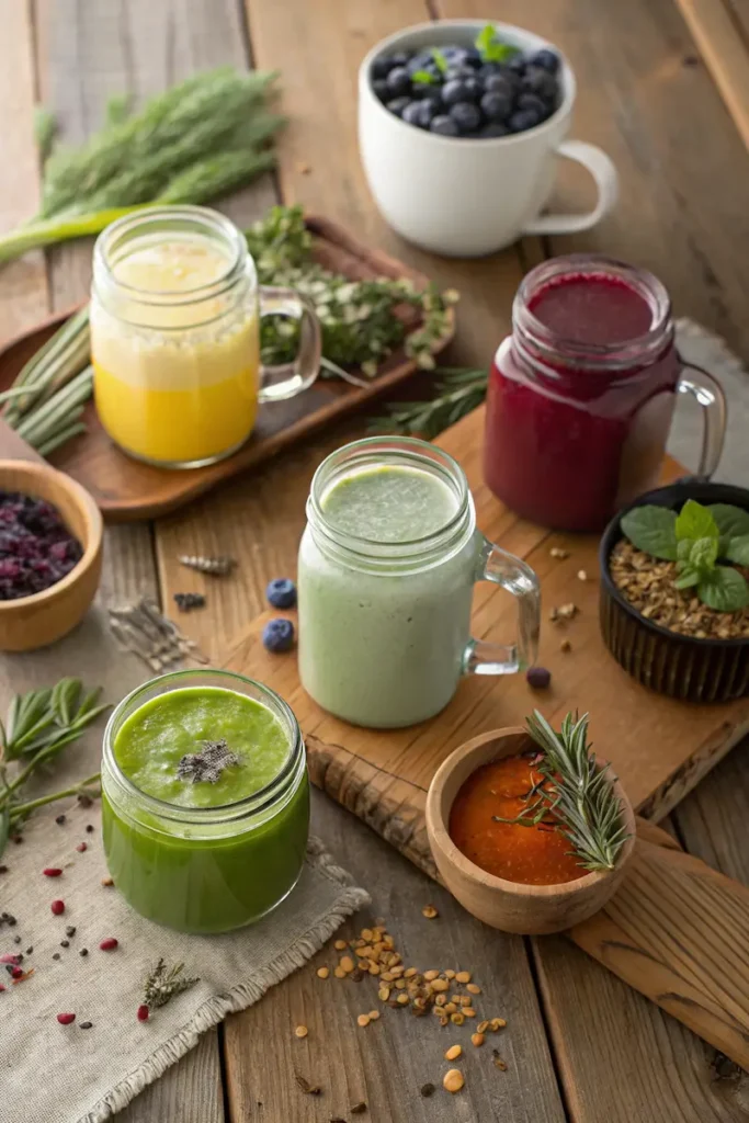 Assorted drinks to weight loss displayed in rustic mason jars on a wooden table, featuring green smoothies, herbal teas, and fruit-based beverages with fresh herbs.