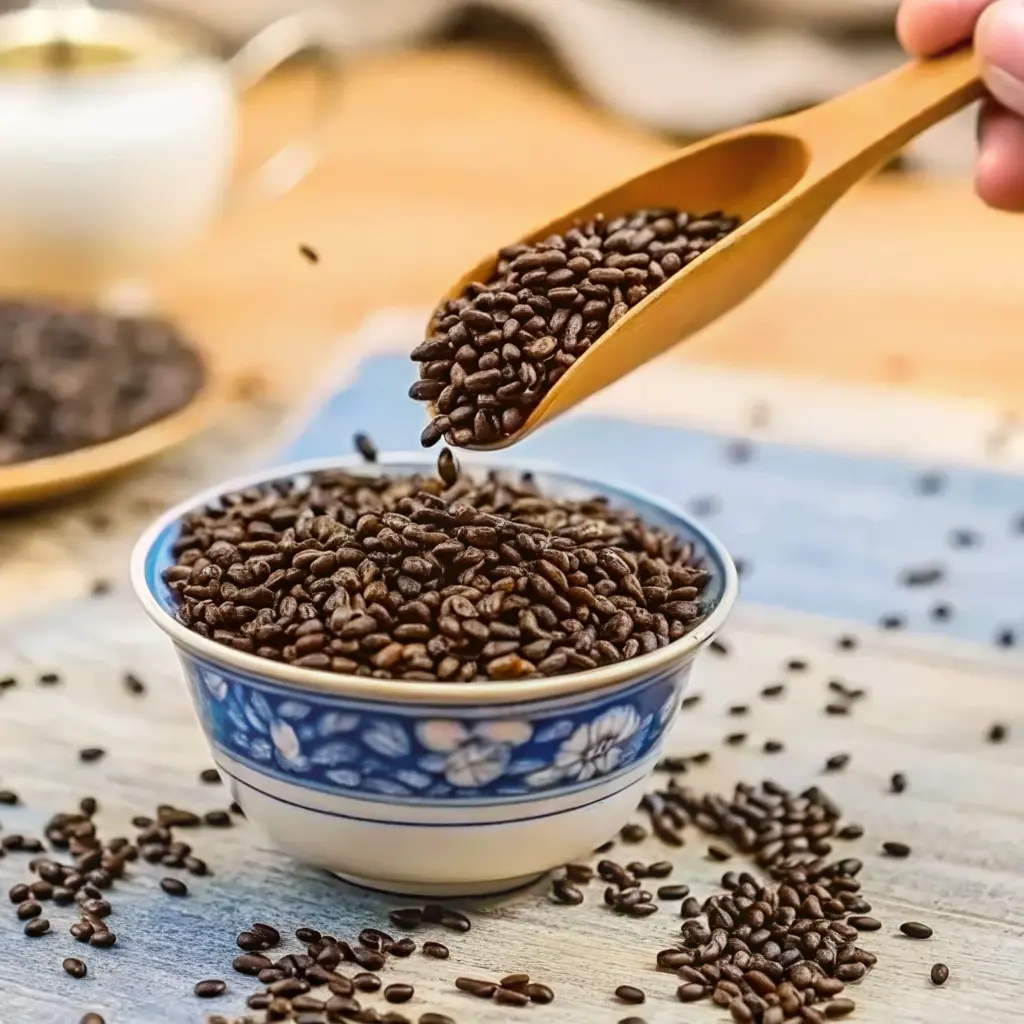 Benefits of Cassia Seed Tea: A Gentle Herbal Remedy for Modern Wellness 4 Cassia seeds in a ceramic bowl being scooped, highlighting the benefits of cassia seed tea