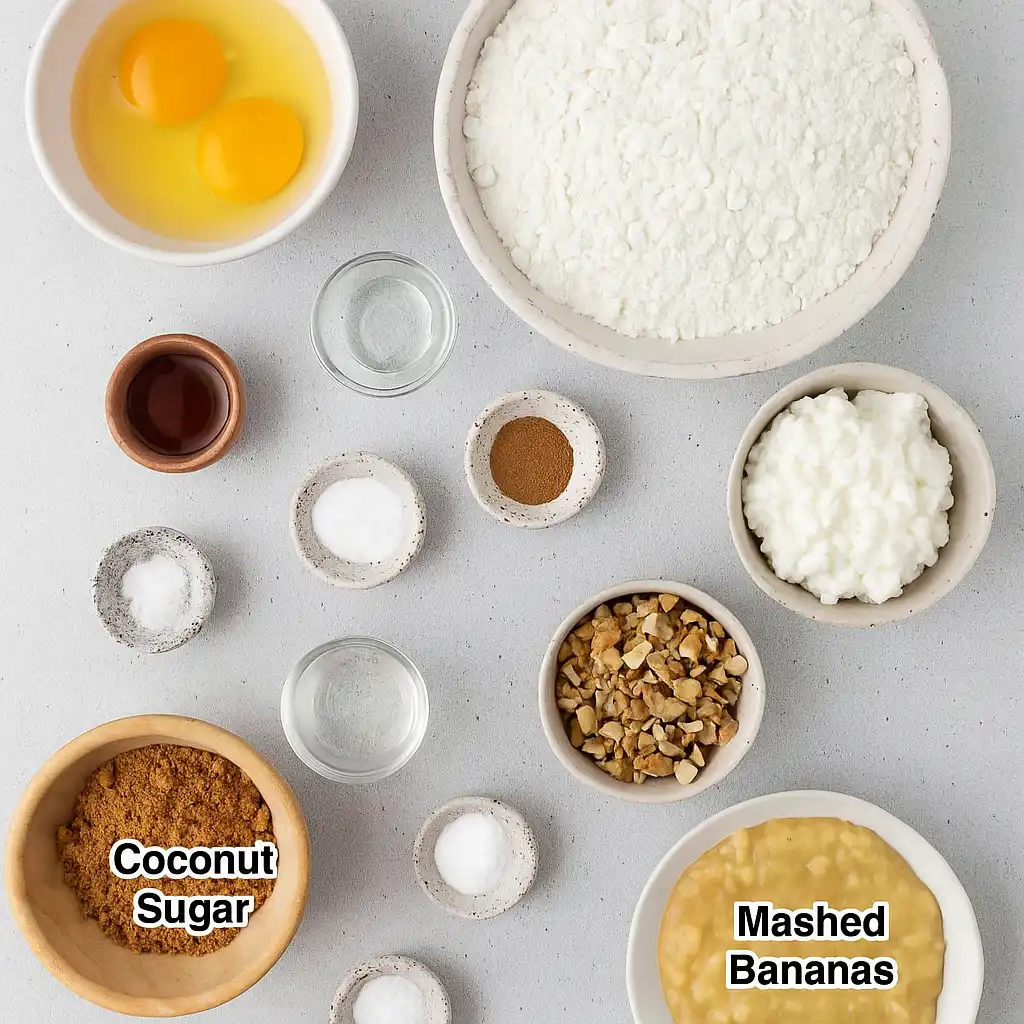 Cottage Cheese Banana Bread: Moist, Protein-Packed & Delicious 5 Ingredients for cottage cheese banana bread including eggs, flour, mashed bananas, coconut sugar, and cottage cheese