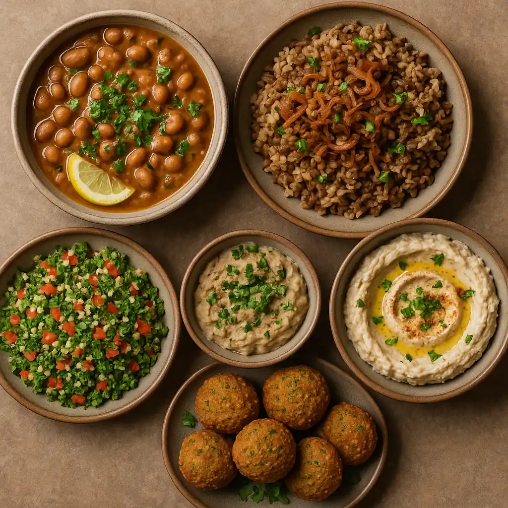 Five vegan Middle Eastern recipes served in rustic bowls, featuring ful medames, mujadara, baba ghanoush, tabbouleh, and falafel.