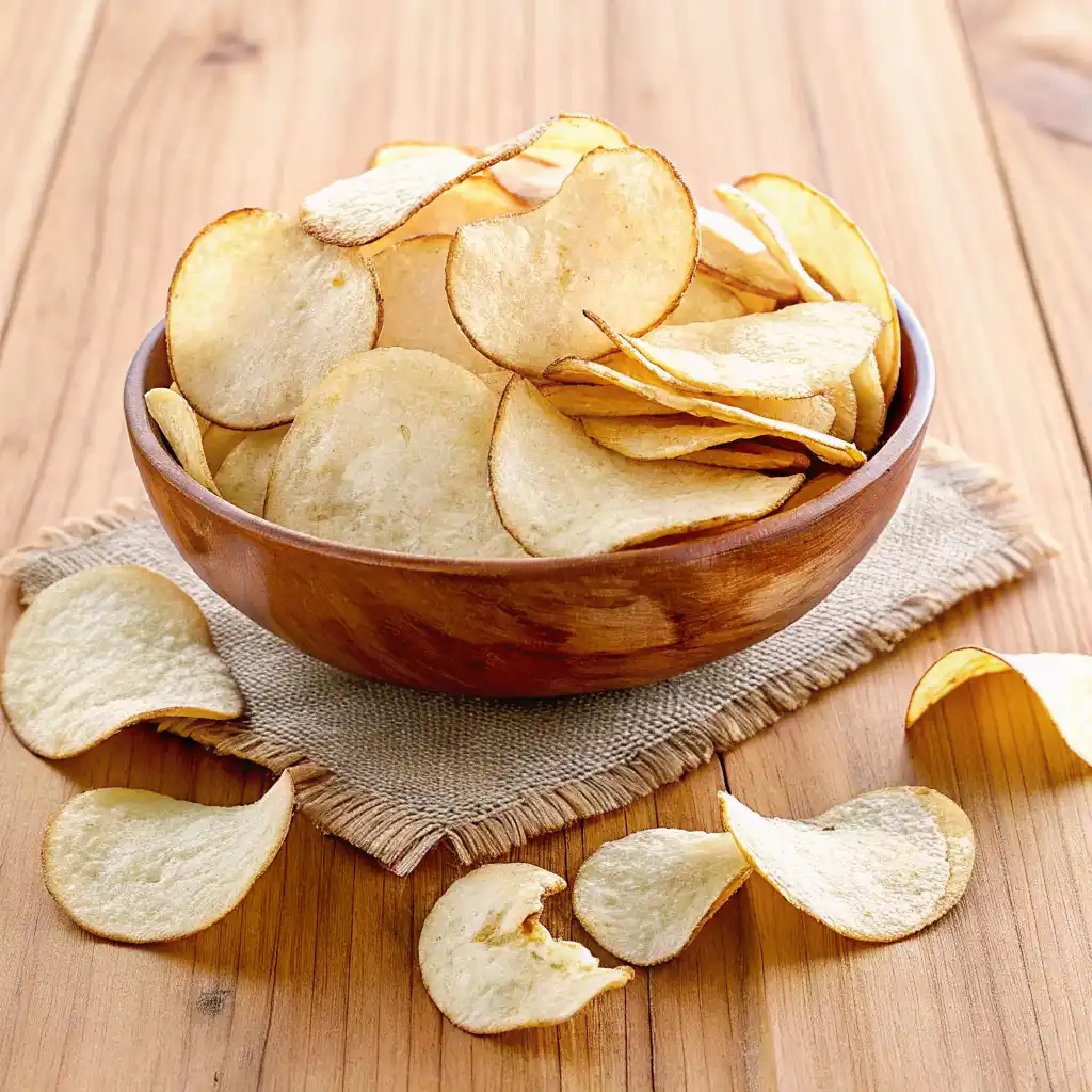 Salt and Vinegar Chips: The Tangy Snack That Divides Snack Lovers 5 A wooden bowl filled with homemade salt and vinegar chips, placed on a rustic napkin over a wooden surface.