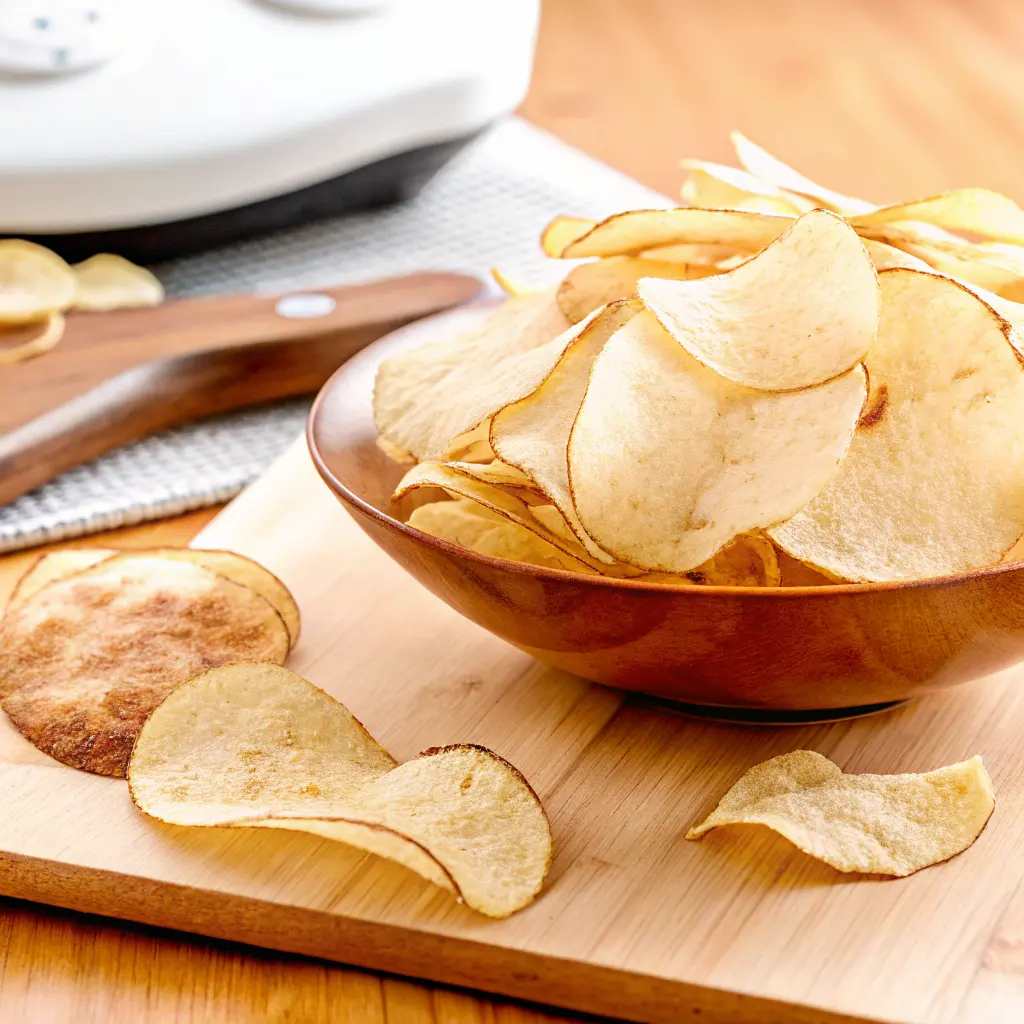 Crispy homemade Salt and vinegar chips in a wooden bowl on a cutting board.