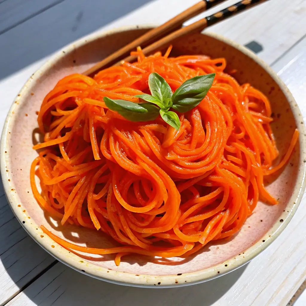 Korean Carrot Salad: A Tangy and Crunchy Delight 6 Korean carrot salad served in a bowl with garnish and chopsticks