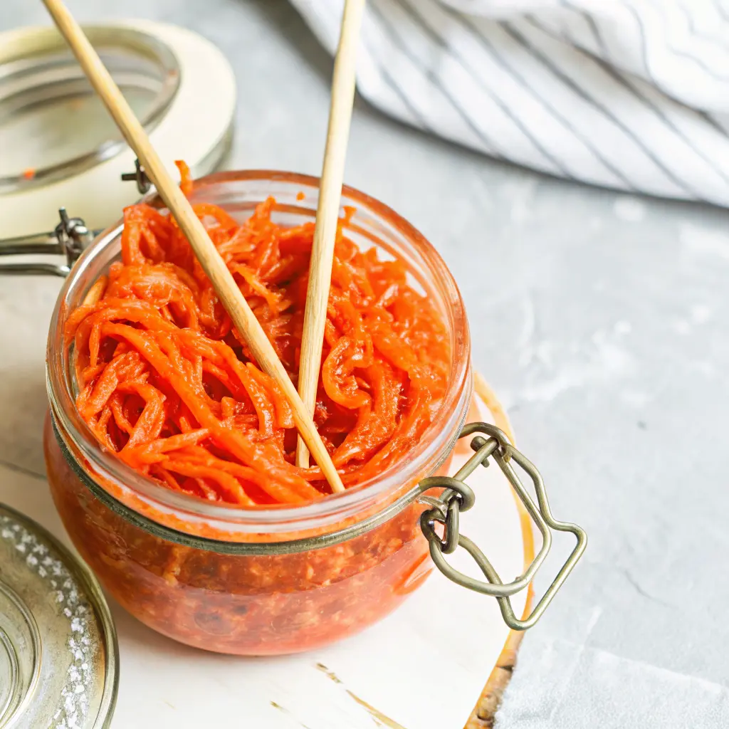 Korean carrot salad Morchovka in a glass jar with chopsticks