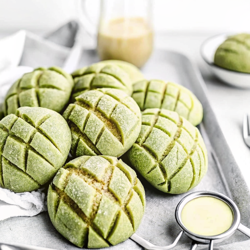 matcha pan buns with crisp topping and signature crosshatch pattern
