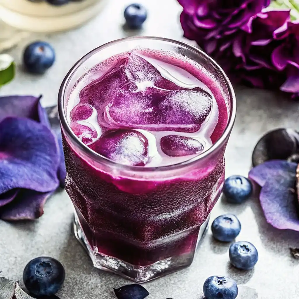 Purple Peel Weight Loss—The Ultimate Guide to a Clearer Skin and Slimmer Body 5 Iced purple peel weight loss beverage with blueberries and violet petals