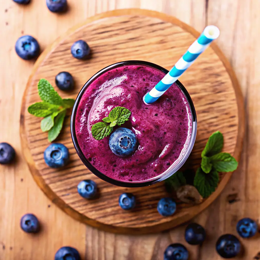 Purple peel weight loss smoothie with blueberries and mint on wooden table