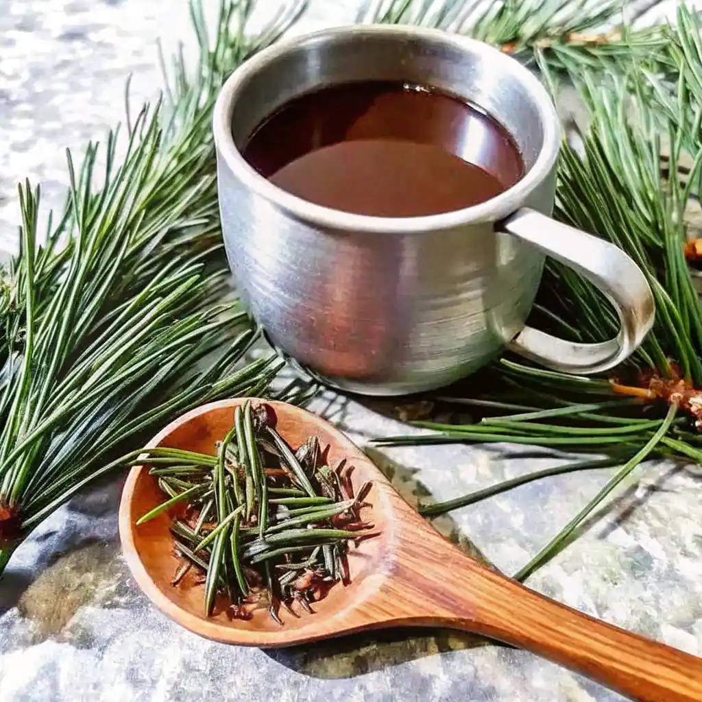 tea from pine needles served in a metal cup with fresh pine sprigs