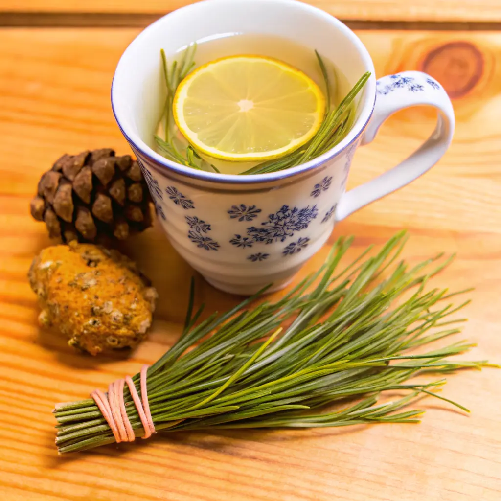 white pine needle tea benefits with lemon in a cup beside fresh pine needles