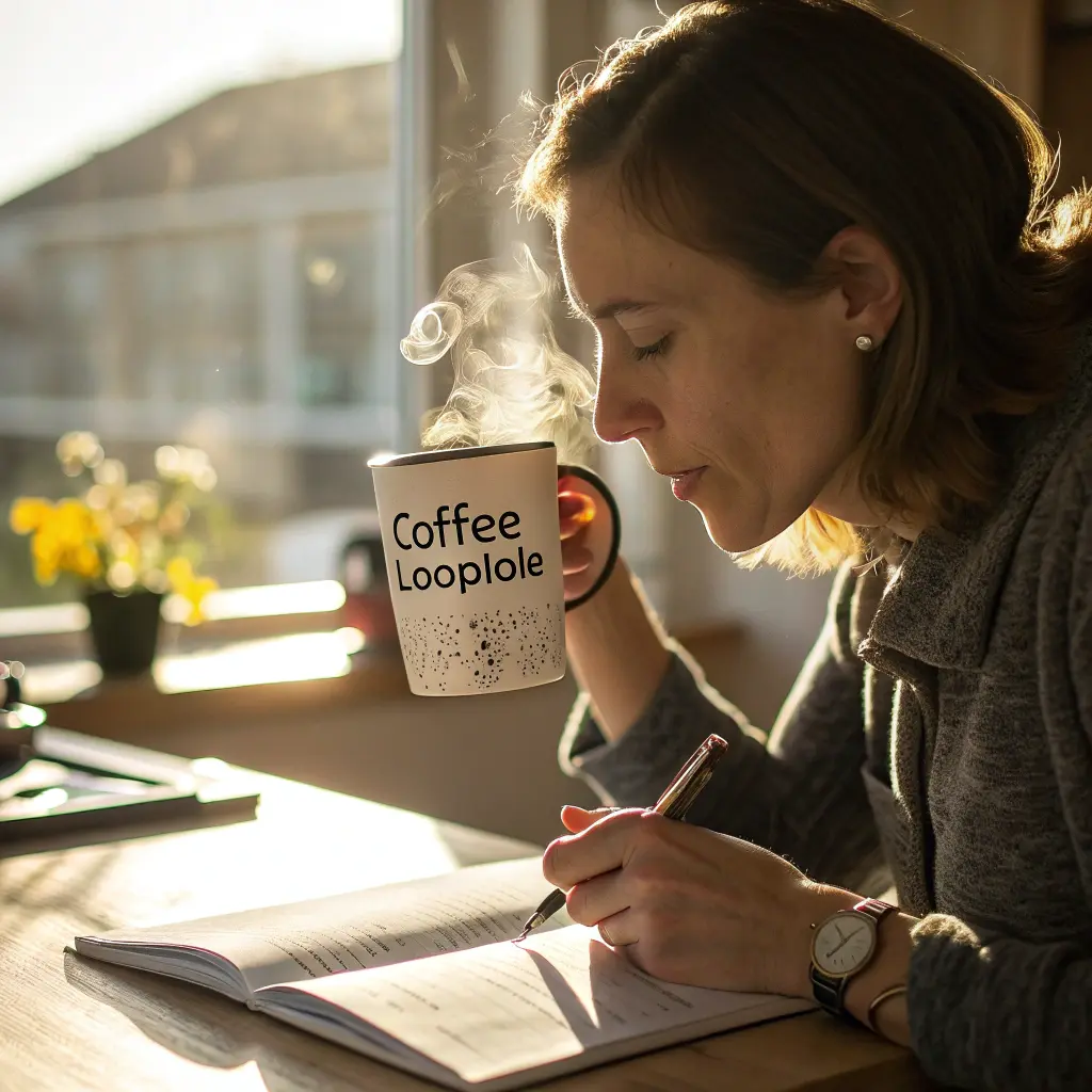 Woman drinking 2 ingredient coffee loophole recipe while journaling in the morning