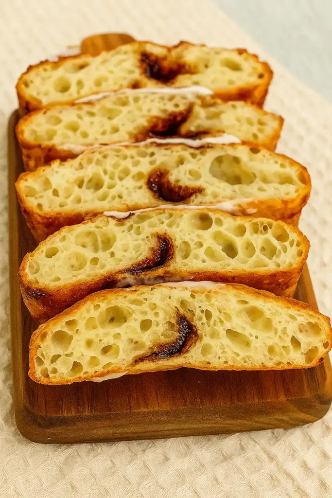 Sliced cinnamon roll focaccia sourdough with visible cinnamon swirls and airy crumb