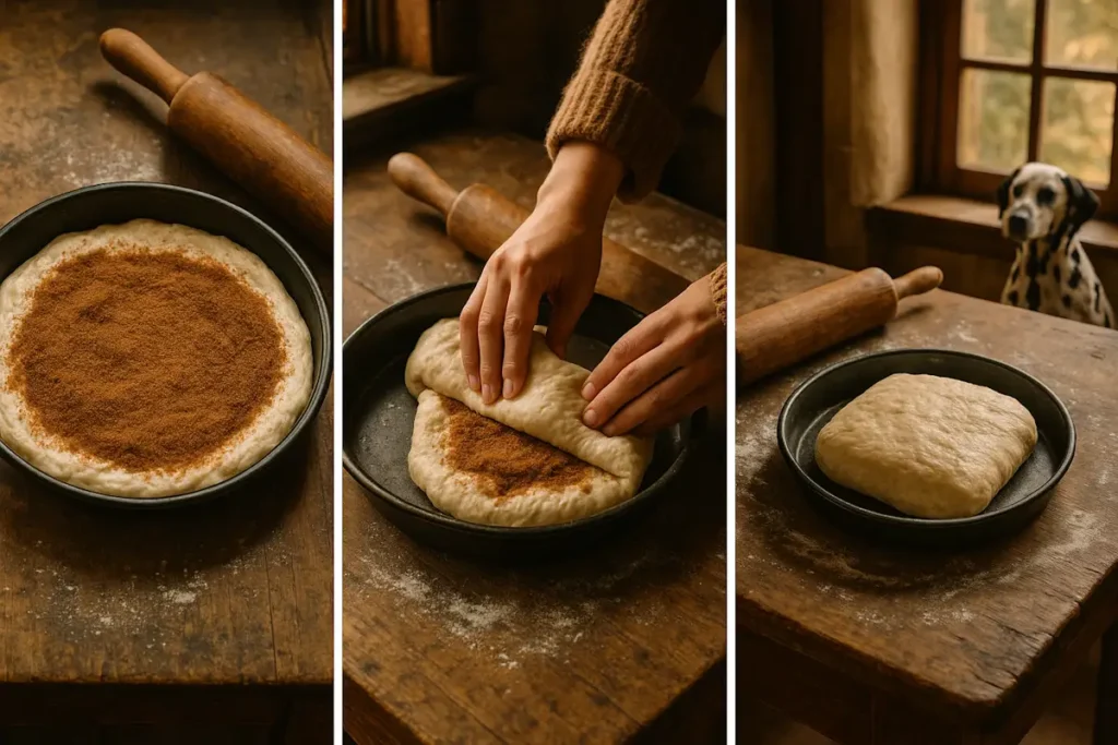 Cinnamon Roll Focaccia Sourdough: This Bread? It’s NOT a Drill. 5 Step-by-step process of folding cinnamon roll focaccia sourdough with cinnamon filling in a rustic kitchen