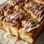 cinnamon roll sourdough focaccia drizzled with cream cheese glaze