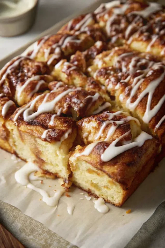 cinnamon roll sourdough focaccia drizzled with cream cheese glaze