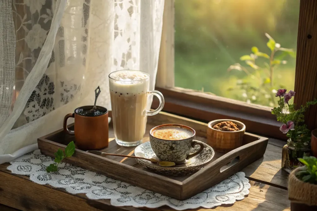 9 Best Drinks to Weight Loss and Boost Digestion Naturally 11 Morning herbal drinks to weight loss served on a rustic wooden tray by the window, featuring tea and latte in vintage mugs with soft sunlight and lace curtains.