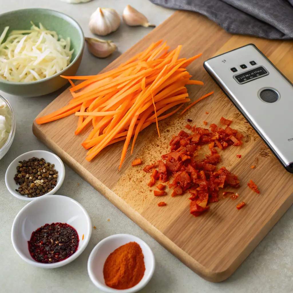 Korean Carrot Salad: A Tangy and Crunchy Delight 7 Ingredients for Korean carrot salad including julienned carrots, garlic, spices, and chili on a cutting board