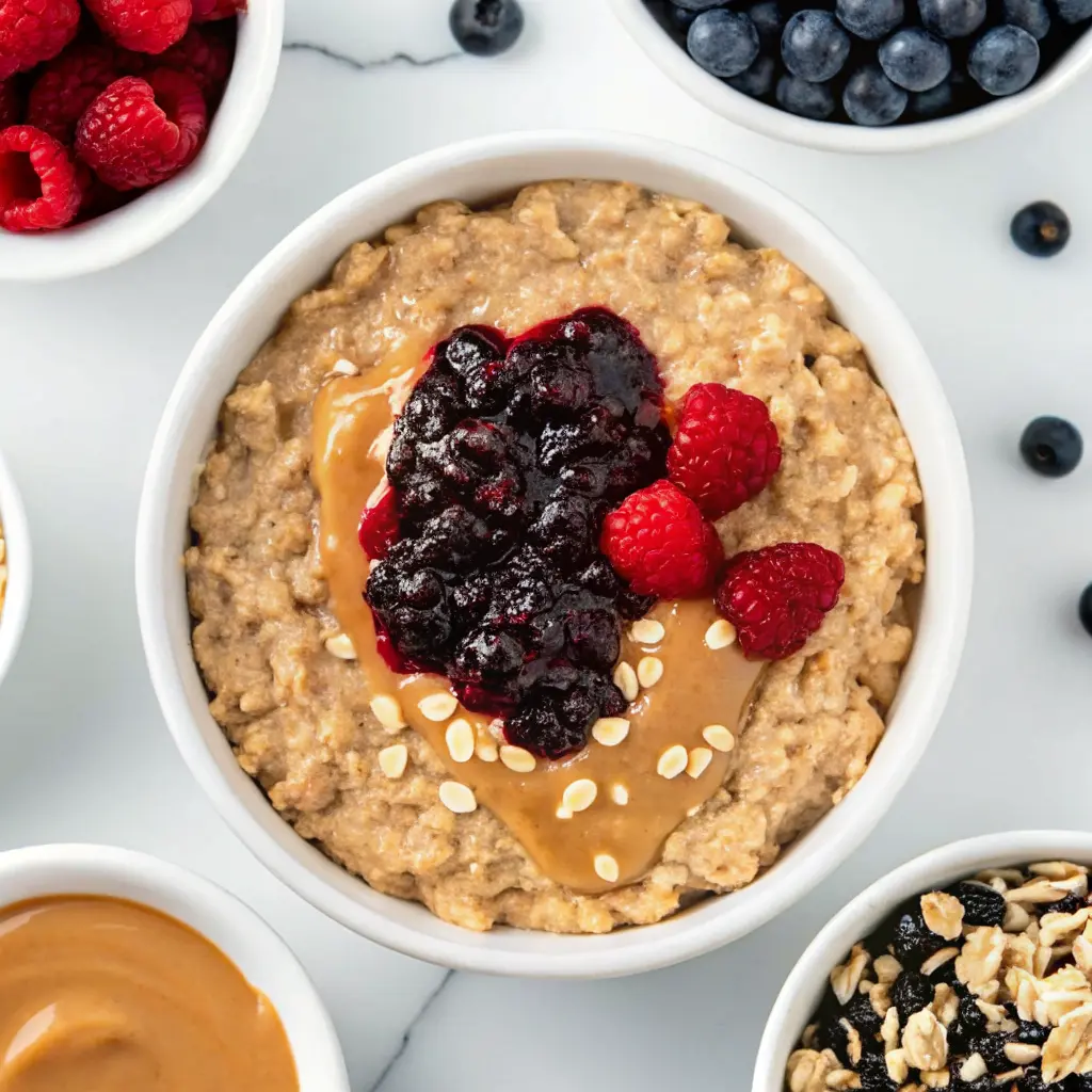 peanut butter and jelly oats topped with fresh berries and granola