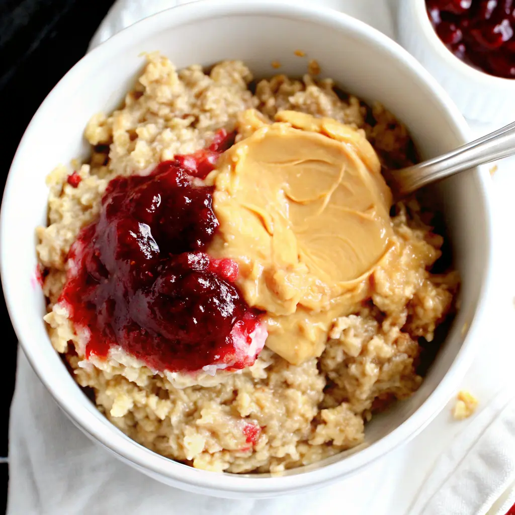 Peanut Butter and Jelly Oats: The Comforting Breakfast You Didn’t Know You Needed 5 peanut butter and jelly oats with creamy peanut butter and strawberry jam