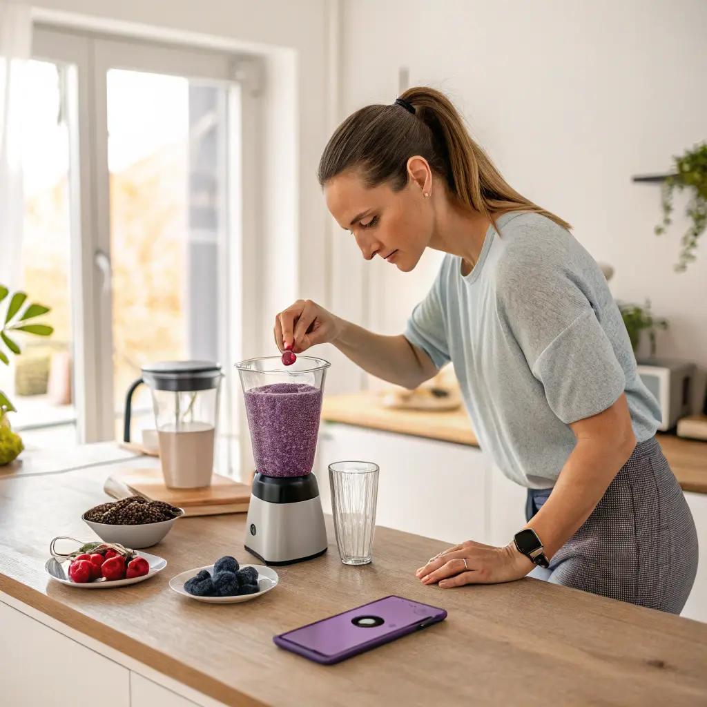 Preparing a purple peel smoothie with antioxidant berry powder