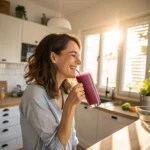 Purple peel exploit smoothie being enjoyed in a bright kitchen by a happy woman