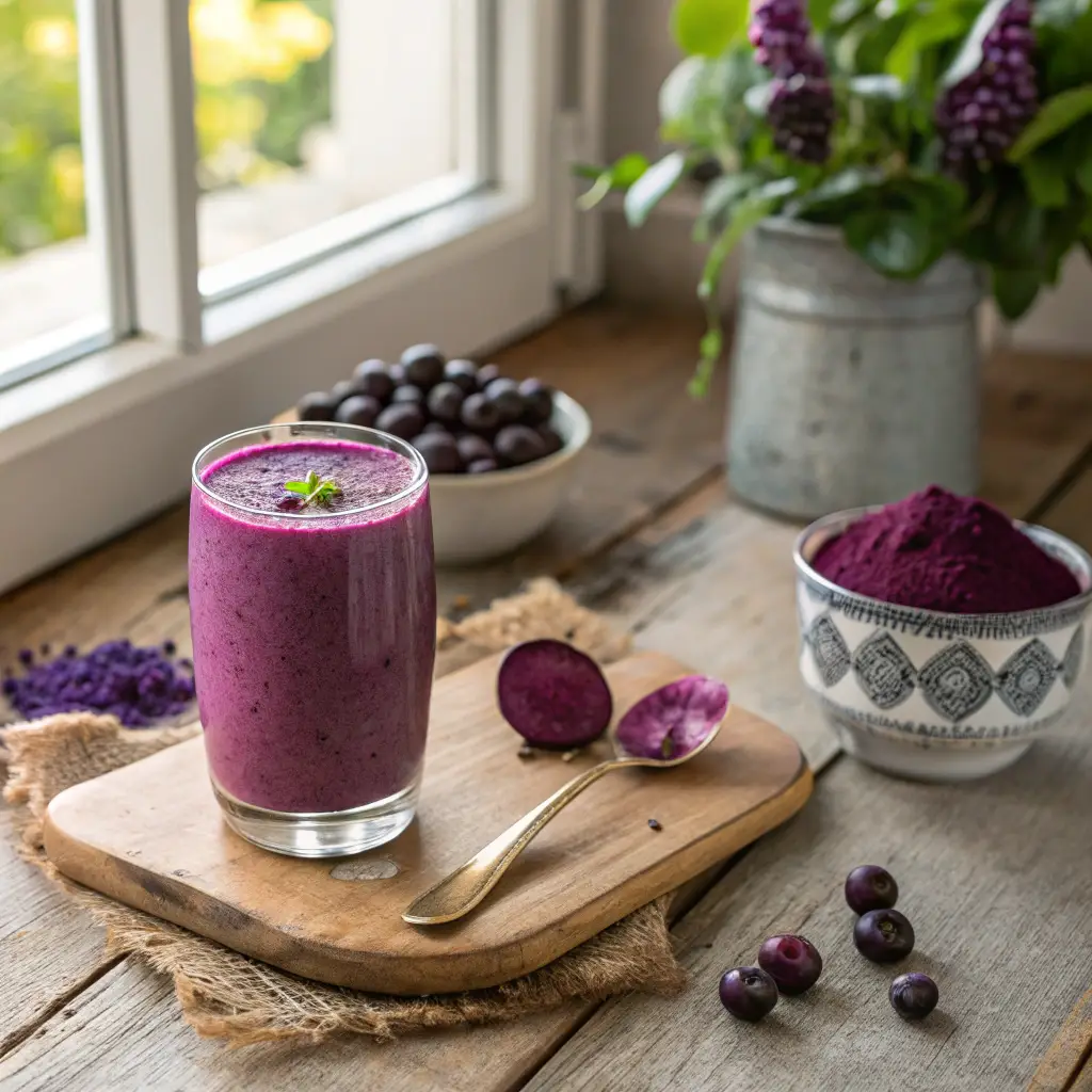 Purple Peel: The Antioxidant Powerhouse Revolutionizing Natural Metabolism 7 Purple peel smoothie with maqui berries and powder on wood