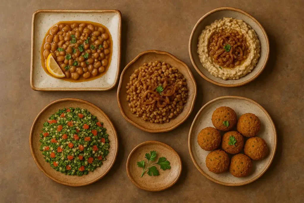 Five vegan middle eastern recipes from History 7 Vegan Middle Eastern recipes served on a variety of rustic ceramic plates, including Ful Medames, Mujadara, Baba Ghanoush, Tabbouleh, and Falafel.