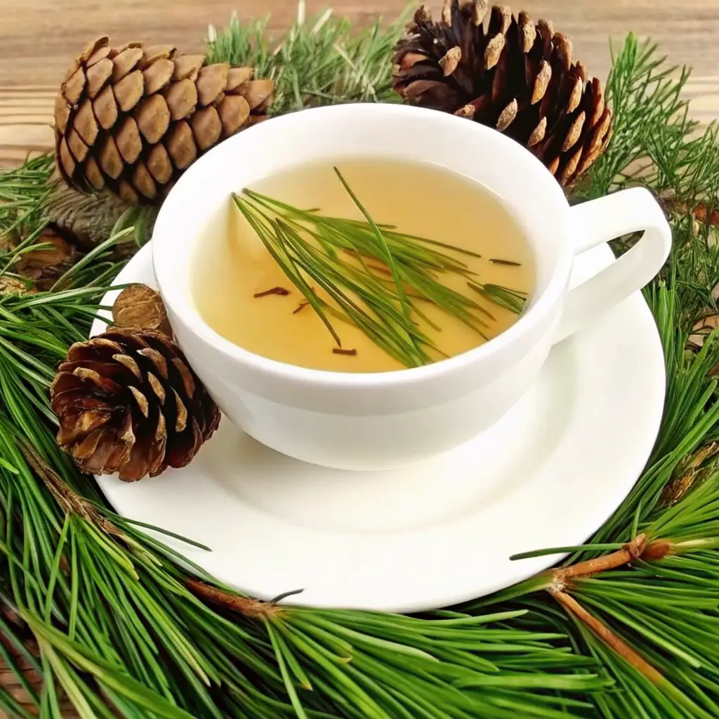 White Pine Needle Tea Benefits 5 white pine needle tea benefits in a white cup with fresh pine and cloves