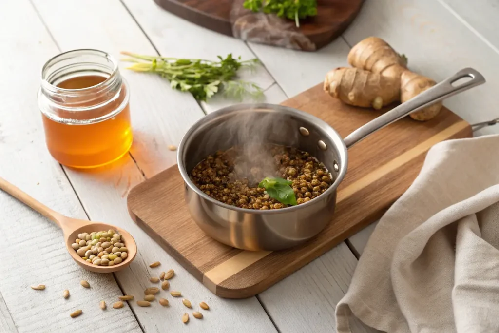 Cassia Tora Tea – A Detoxifying Herbal Brew with Rich Flavor 6 Cassia tora seeds simmering in a pot with ginger and honey