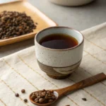 Cup of cassia tora tea with roasted seeds beside it