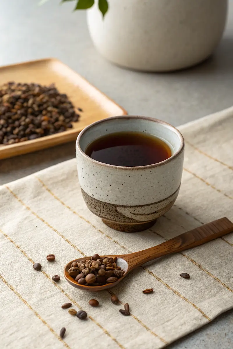 Cup of cassia tora tea with roasted seeds beside it