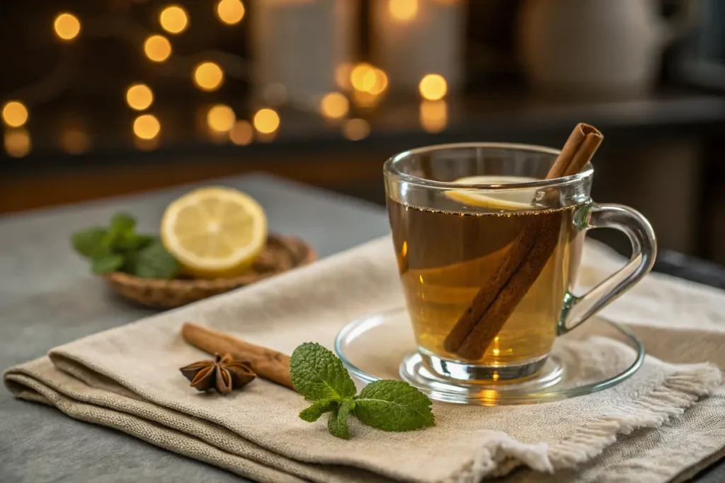 Cassia Tora Tea – A Detoxifying Herbal Brew with Rich Flavor 7 Cassia tora tea served with cinnamon, lemon, and mint