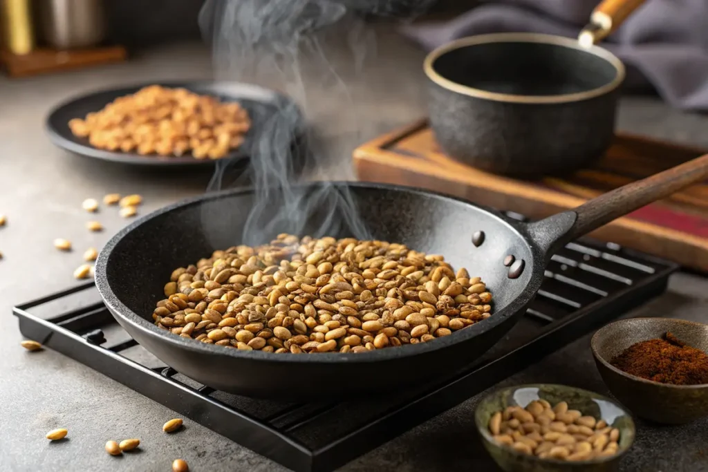 Cassia Seed Tea Korean Style: Benefits, Brewing, and Ancient Wellness 5 roasting cassia seeds in Korean kitchen