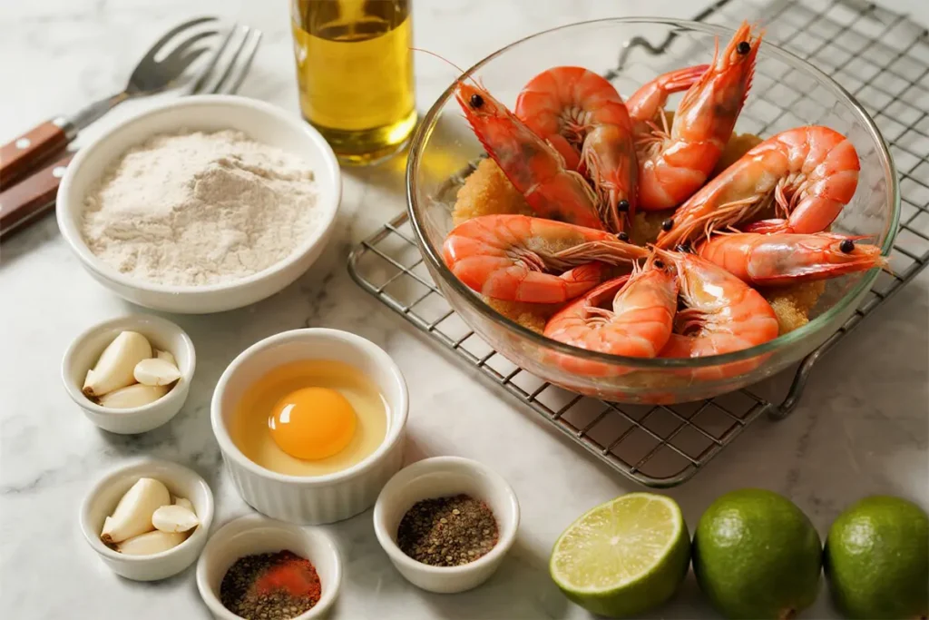 Crispy Fried Argentine Red Shrimp Recipe 6 Ingredients for Fried Argentine Red Shrimp Recipe: raw red shrimp, flour, egg, garlic, lime, oil, and spices arranged on a marble countertop fresh, flavorful, and ready to fry.