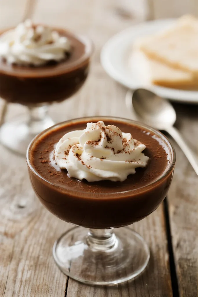 Silky coffee budino in elegant glass cups, crowned with fluffy whipped cream and a dusting of cocoa — rich, smooth, and ready to indulge.